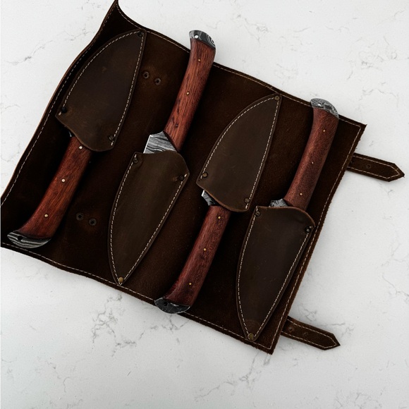 Set of 4 steak knifes Brown Leather Knife Roll for Men